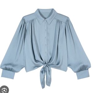 Ba&sh Feria Tie Front Casual Button Down Blouse Blue Grey Size 3